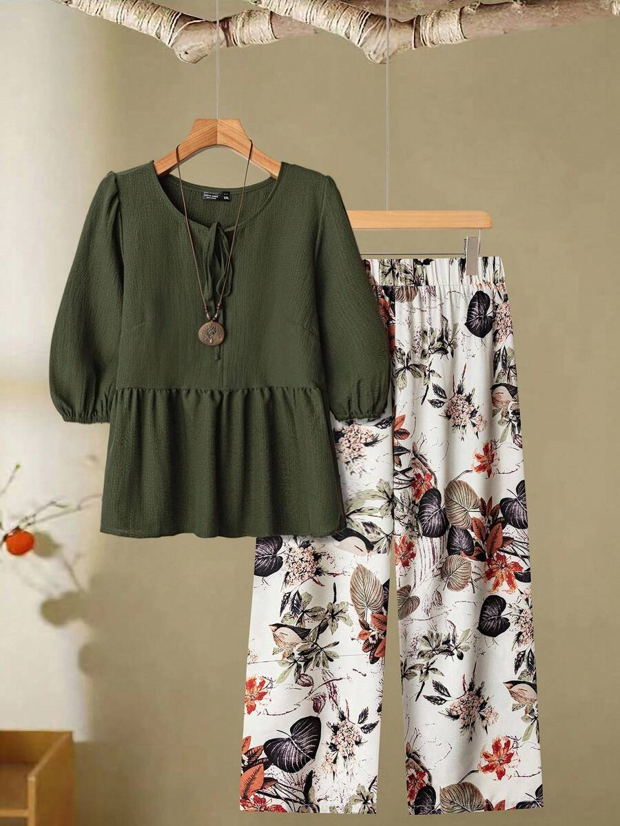 Linhara Plus Size Vacation Casual Solid Color Lantern Sleeve Shirt & Floral Print Pants 2 Pieces Set