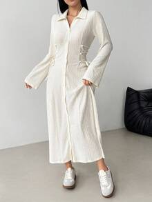 Modelyn Vestido de manga larga con cordón de unicolor para mujer - Albaricoque - Ver 5