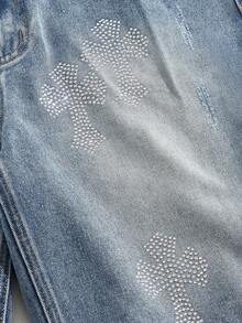 ROMWE MEN Street Life Men's Rhinestone Cross Pattern Denim Shorts - Baby Blue - View 2
