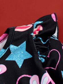 Paul Frank X SHEIN فستان بناتي طويل الأكمام مزين بطبعات نجوم وقلوب لامعة مع تريم كشكش، مناسب للخريف والشتاء