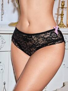 FairyFlirt 黑色花朵蕾丝对比色十字结荷叶边饰多层蛋糕下摆女士丁字裤，音乐节，Y2K，度假，派对，调情，可爱，卡哇伊，娃娃装 - 黑與白 - 查看 2