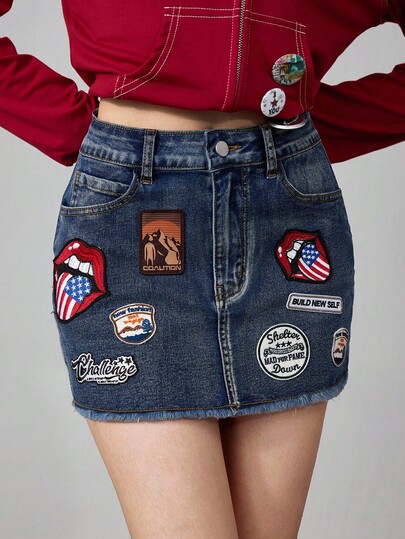 J-Fashion Y2K Vintage Streetwear Women Low Waist Cropped Bodycon Embroidered Union Jack Lips Denim Mini Skirt