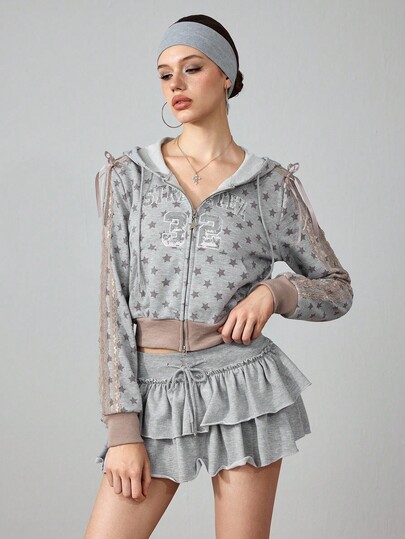 ROMWE Avant Felpa corta aderente da donna in stile retrò da college, con stampa a stelle, ricami con paillettes e bordi in pizzo a contrasto di colore