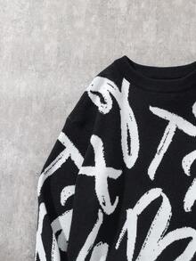 Coolqubz Tween Boy Fashion Pattern & Letter Intarsia Knit Sweater Long Sleeve Pullover, Autumn/Winter Boys Graphic Sweater Teen Boy Sweater Boys Knit Sweater Tween Boys Sweater Kids Graphic Sweater Teen Boys Sweater Boys Black And White Sweater Fall,Unisex - Black - View 7