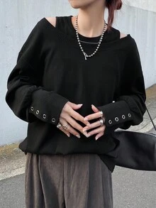 FRIFUL 2pcs Women Ribbed Knit Camisole And Loose Fit Long Sleeve T-Shirt Set, Black, Autumn