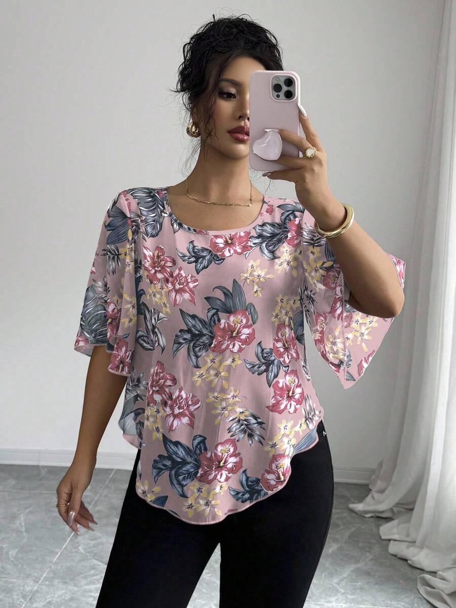 Elenzga Women's Elegant Floral Print Ruffle Sleeve Blouse, Summer - Multicolor - View 1