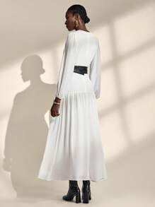 Almamuse Women's Elegant Long Sleeve V-Neck Leather Waist Belt Contrast Color Dress Fall Cloth For Women - Black and White - View 2