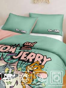 Tom and Jerry Artist x SHEIN Aranza Sanchez Lindo conjunto de ropa de cama impreso de gatos y ratones en caricatura, cómodo