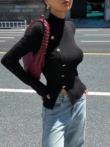 Strévra 女士秋季高领金属扣腰长袖毛衣