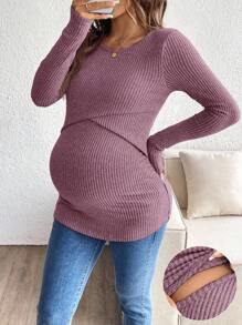 SHEIN 纯色简约哺乳上衣，圆领，长袖 - 粉色 - 查看 1