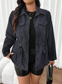 SHEIN Frenchy 加盖口袋抽绳腰夹克，Barnfit，Barn - 深灰色 - 查看 3