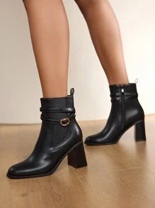 Daringsoles Women's Fashion Buckle Design Pointed Toe Black Chunky Heel Ankle Boots - Black - View 5