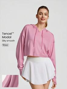 GLOWMODE Modal Ultra-Thin Drawstring Long Sleeve Cropped Hoodie Daily Casual - Pink - View 1