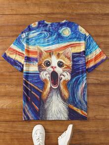 Manfinity VCAY 男士休闲针织星空猫咪印花宽松落肩圆领短袖T恤猫咪T恤男士3D印花猫咪T恤男士图案T恤猫咪艺术T恤搞笑猫咪T恤男士 - 彩色 - 查看 2