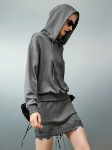 Airlisse 2件套：英式刺绣连帽衫和蕾丝拼布裙 - 深灰色 - 查看 3