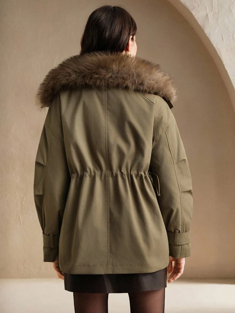 Parka con forro de piel sintética oversize, abrigo de trabajo de ajuste holgado para invierno, adecuado para otoño, invierno, Año Nuevo, elegante, chic, con estilo, Navidad, salir