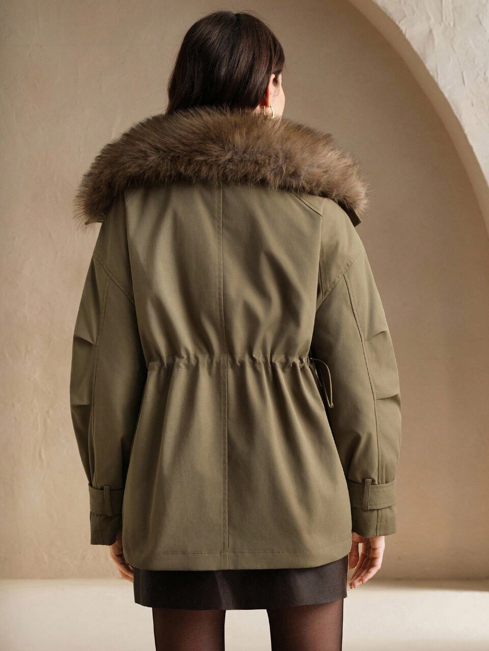 Army Green Faux Fur Lining Parka Jacket,Oversized Loose Fit Winter Workwear Coat,Elegent Chic Stylish For Camping Christmas New Year Fall