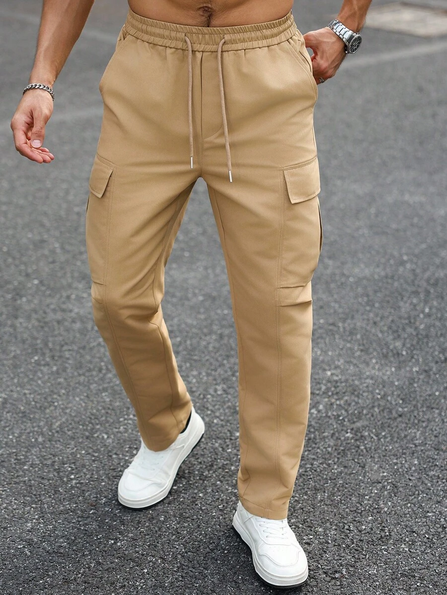 Manfinity Homme 男士休闲纯色工装裤 男士卡其色工装裤 卡其色慢跑裤 男士米色裤子 男士裤子 卡其色男士工装裤，秋季 - 卡其色 - 查看 1