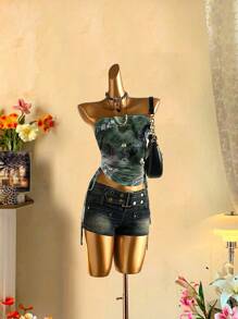 Attitoon Women's Vintage Print Ruched Tie Front Bandeau Top Goth Suitable For Going Out - Blue and White - View 8