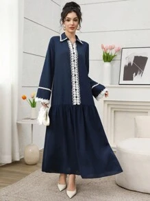 Al Najma 女士纯色百搭日常通勤长袖连衣裙 - 藍色 - 查看 1