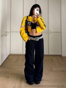 StreetHx 女式街头摩托短款撞色时尚街头字母图案夹克 - 黃色 - 查看 4