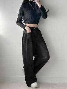 DAZY Jeans casuales de bolsillo de ajuste holgado de unicolor para mujer - Negro - Ver 4