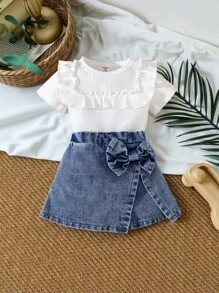 SHEIN Vintaside Kids 2pcs/Set,Baby Girl Spring&Summer Casual Style,Solid Short Sleeves T-Shirt&Hort Jearns