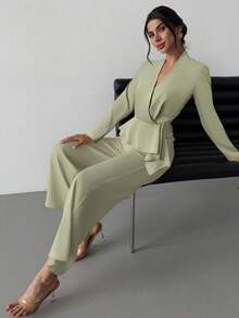 Firerie 女士新款优雅浪漫露背长袖交叉 V 领露背不对称下摆上衣和宽松直筒裤绿色两件套，秋季女装，外出装，机场装 - 綠色 - 查看 6