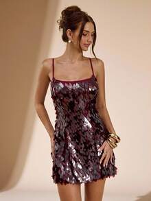 SHEIN BAE Autumn/Winter Solid Wine Red Minimalist Backless Tie-Up Sequin Glitter Mini Elegant Dress, Suitable For Nightclub Party, Sequin Dress
