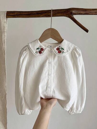 LMoss Kids Blus Lengan Panjang Kasual Kerah Peter Pan Tenun Putih Bordir untuk Anak Perempuan, Atasan untuk Hari Pertama Sekolah, Musim Semi, Gugur, dan Musim Panas