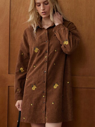 Écloséra 时尚休闲法式复古宽松灯芯绒刺绣口袋装饰长袖秋冬女装