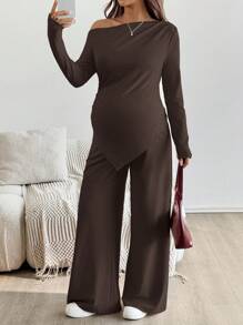 SHEIN 2 piezas Conjunto de top asimétrico y pantalones casuales de maternidad