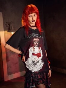 ANNABELLE x SHEIN 女士图案圆领短袖T恤 - 黑色 - 查看 5