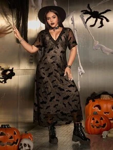 SHEIN EZwear 万圣节、郊游、约会、休闲、派对、返校 V 领蕾丝边蝴蝶结装饰蝙蝠绒提花弹力针织网眼黑色加大码超长连衣裙 - 黑色 - 查看 6