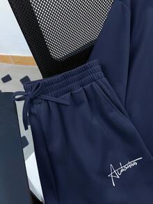 SHEIN 2pcs/Set Teen Boys' Casual Versatile Comfortable Highly Attractively Letter Print Knit Short Sleeve T-Shirt And Shorts, Urban Casual Style - Navy Blue - View 5