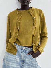 Lumivelle Old Money Prefall Sweater 2pcs Knitted Long Sleeve Cardigan & Sleeveless Knit Vest Set, Versatile - Mustard Yellow - View 1