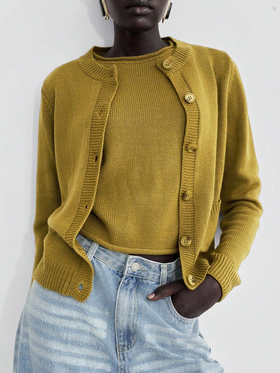 Lumivelle Old Money Prefall Sweater 2pcs Knitted Long Sleeve Cardigan & Sleeveless Knit Vest Set, Versatile - Mustard Yellow - View 1