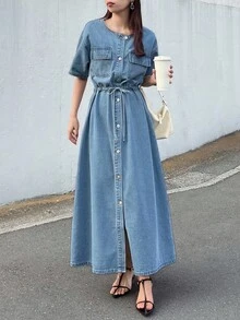 FRIFUL 女式深水洗蓝色短袖收腰口袋装饰缝线长裙，机场度假装 - 藍色 - 查看 2