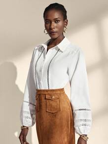 Almamuse Women's Elegant White Lace Trim Long Sleeve Blouse Fall Cloth For Women - White - View 5