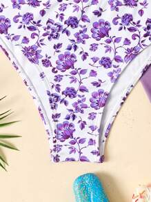 SHEIN Tween Girls Floral Bikini Set,Beach Attire,Leisure Vacation, Seaside Travel - Mauve Purple - View 4