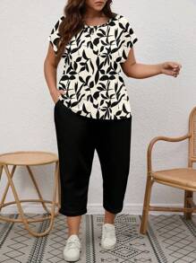SHEIN CURVE+ Plus Size Women Plant Print Shirt And Capri Pants Casual 2 Pieces Set - Multicolor - View 5