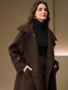 Anewsta 女士优雅圣诞新年高端复古纯色立领宽松中长百搭深色羊毛大衣，冬季 - 咖啡棕 - 查看 5
