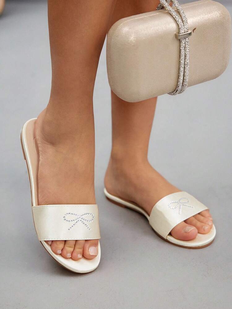 CUCCOO SZL Apricot Satin Pointed Toe Flats With Silver Rhinestone Bow, Fashion Beach Sandals