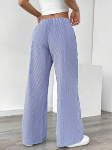 SHEIN PETITE Quần ống rộng sọc xanh thường ngày dành cho nữ, đi nghỉ - Màu xanh lam - Xem 2
