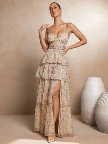 L'Amorae Women's Layered Spaghetti Strap Dress With Thigh High Slit - Yellow - View 1