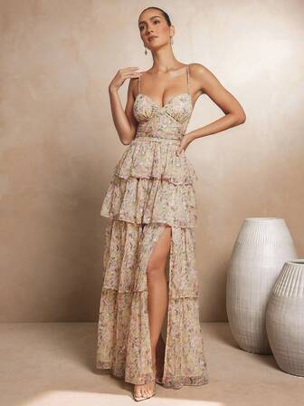 L'Amorae 女式多层细肩带连衣裙，高开叉