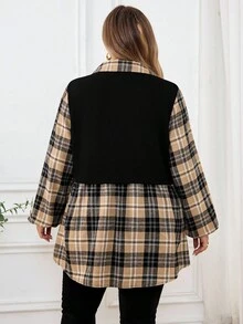 SHEIN CURVE+ 大码立领格子长灯笼袖针织撞色拼接休闲宽松衬衫，办公室装女士两件套纽扣装饰/秋冬 - 彩色 - 查看 2