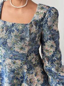 Elenzga Elegant Square Collar Waist Cinched Jacquard Dress Fall Cloth For Women - Green - View 7