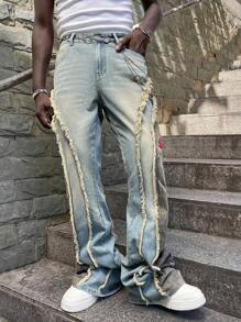 ROMWE MEN Street Life 男士水洗做旧花卉刺绣拼布多层牛仔裤 - 藍色 - 查看 5