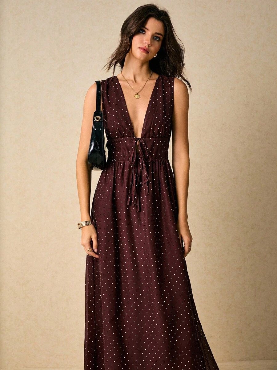 Poéselle 女士波尔卡圆点V领无袖系带连衣裙，时尚夏季